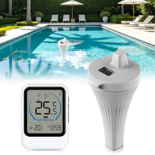 Pool Thermometer Funk, SGZIOO Poolthermometer Digital Funk mit Raumtemperatur, Thermometer Pool Schwimmend für Aquarium, Schwimmbäder, Spa, Fischteich, Badewannen (B)