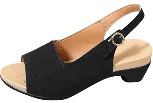 Podiflex - Sandalias Ortopédicas De Verano Para Mujer, Con Puntera Abierta, Tacón Bajo, Zapatos De Playa, Negro, 36 EU