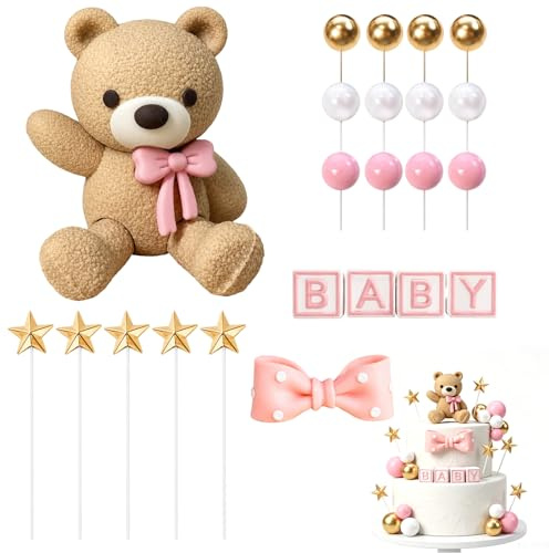 23-Piece Teddy Bear Cake Toppers Set, Soft Rubber Pink Bear with Balls