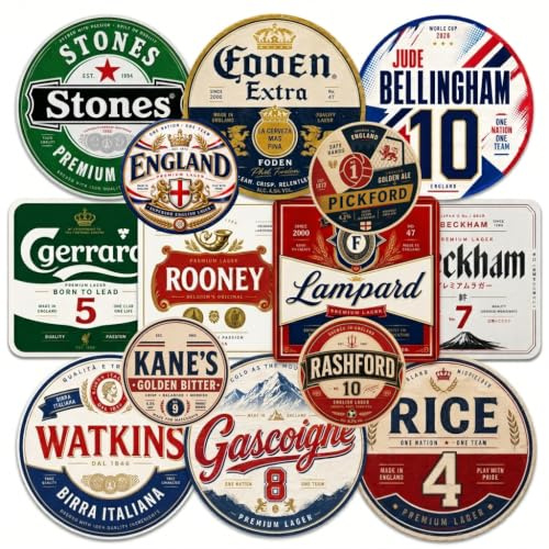 England Football World Cup Beer Coasters – Set of 16 Premium Drink Mats Featuring England Squad Player Names – World Cup Party Decorations, Football Gifts for Fans, Home Bar & Match Day Accessories