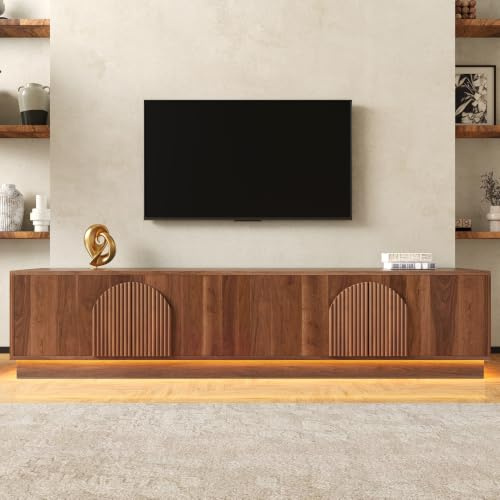 Merax Meuble TV 180 cm avec Rangement 4 Portes, LED et Design Noyer