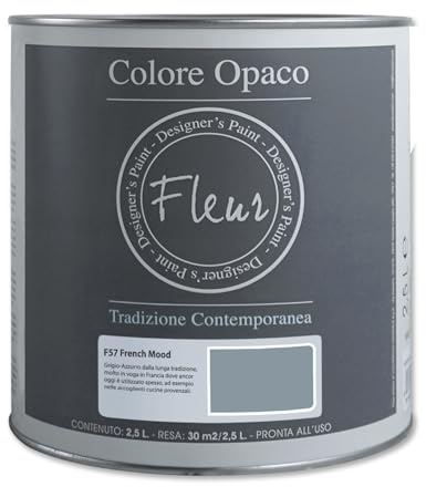 FLEUR DESIGNER'S PAINT | Pittura Chalk Paint Opaca, 2,5 L, Senza Carteggiare, Multisuperficie, Colore F57 French Mood, Effetto Gesso, Per Pareti e Mobili, Extra Opaco, Ad Acqua, Made in Italy