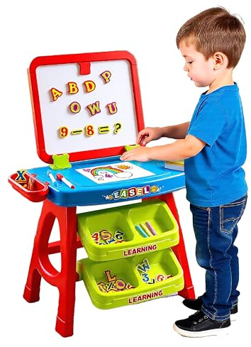 The Magic Toy Shop 2 in 1 Kids Easel & Learning Desk - Standing Art Station, Double Sided Magnetic Whiteboard & Blackboard with Storage, Chalk, Letters, Numbers - Educational Toy for Boys & Girls