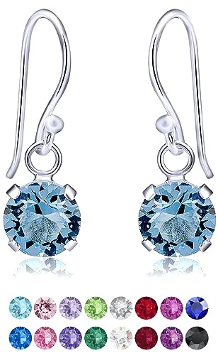 DTPSilver - Damen Haken Ohrringe 925 Sterling Silber mit Kristallen von Swarovski® Elements 6 mm Runde - Farbe : Aquamarin
