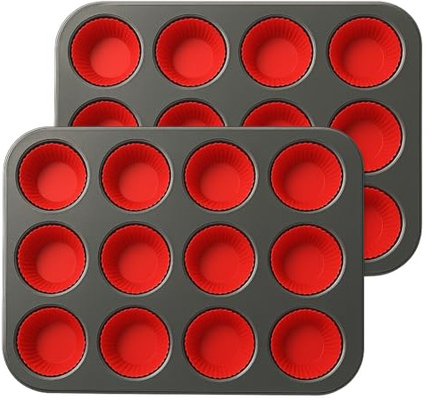mixed24 2x 12er Backblech Backform Muffinform für insgesamt 24 Muffins inkl. 24 wiederverwendbare Muffinförmchen aus Silikon
