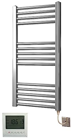 Greened House Electric Chrome 400W x 800H Flat Towel Rail + Timer and Room Thermostat Bathroom Towel Rails