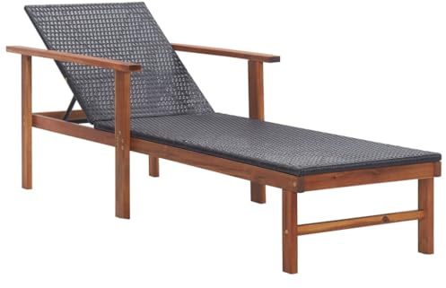 vidaXL Tumbona Ratán Sintético Reclinable Cama de Exteriores en Jardín Patio Playa Piscina Camping Multiposición Negro Madera Maciza de Acacia