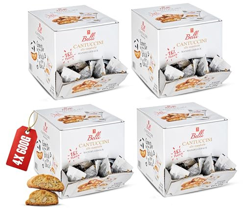 Belli Cantuccini Mandelgebäck 4x600G [DOPPELT GEBACKEN] mit 18% Mandel-Anteil | 60 Kekse pro Box | Italienische kekse | mit Blütenhonig | Biscotti di Prato