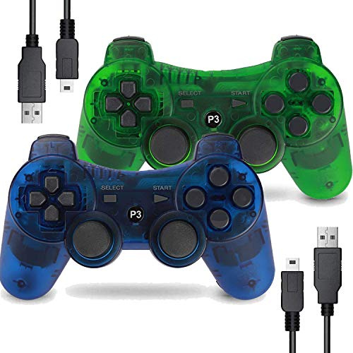Burcica Manette sans Fil pour PS3 Playstation 3 Dual Shock, Gaming Gamepad Joystick Télécommande pour PS3 6 Axes avec Câble de Charge (Transparent, Vert et Bleu Transparent)