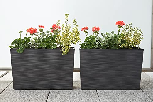 GORDANLUK Tall Rectangular Textured Planter with Removable Liner – 56cm Long Trough Planter for Indoor & Outdoor Use | Large Window Box Planter | Self Watering | UV-Resistant Polypropylene (Black)