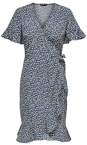ONLY Damen Blusen Wickelkleid Lockeres Midi Kurzarm Tunika Dress Knielang mit Bindegürtel ONLOLIVIA, Farben:Blau-3, Größe:36
