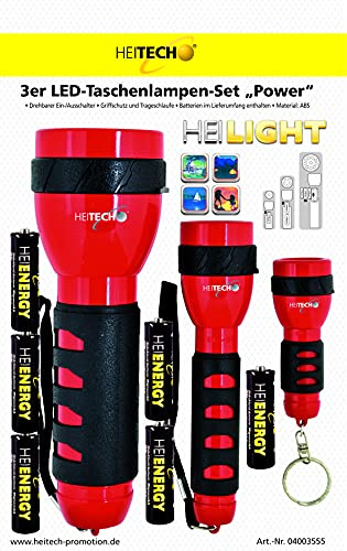 Heitech Power LED Torch Set of 3 with 6 AA Batteries Red