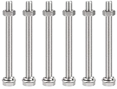 sourcing map M10 x 120 mm Sechskantschrauben, Muttern, Flach- und Sicherungsscheiben-Kits, 304 Edelstahl, Vollgewinde, Sechskantschrauben, 6 Sets