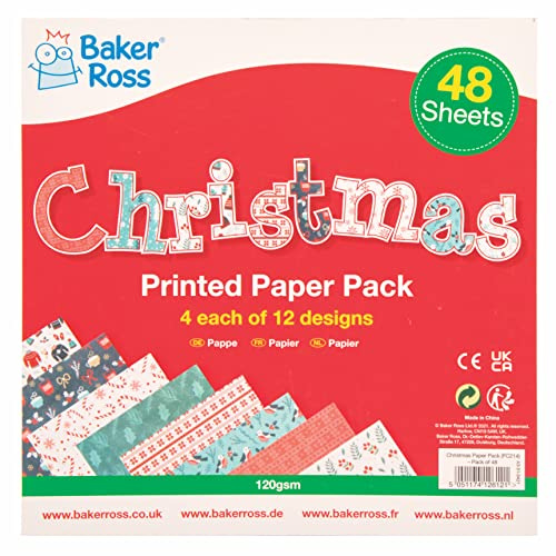 Baker Ross FC214 Papel Impreso Navideño - Paquete de 48, Suministros de Arte Creativos para Niños, Ideal para Actividades de Manualidades y Decoración