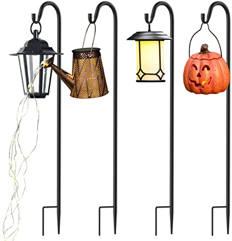 QIZENME Adjustable Height Shepherd Crook Hooks,Set of 4 Festoon Pole with Base,3 Threaded Fittings Black Metal Garden Border Hook for String Lights,Flower Ball,Plant Baskets -76 cm/29.64 in