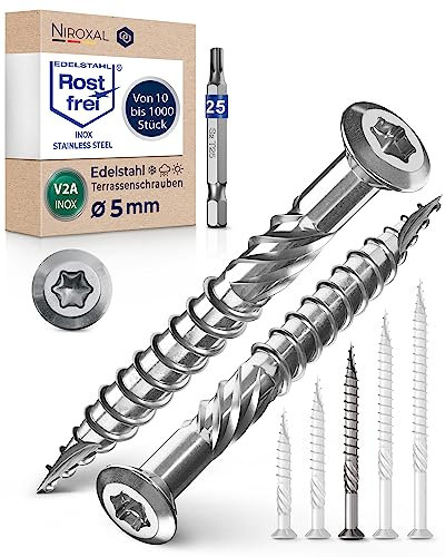 Tornillos para terraza 5 x 60 de acero inoxidable A2 con cabeza lenticular muesca de corte y aletas peladoras para, 250 unidades, tornillos Torx hexagonales, 60 mm de largo + 1 punta Torx hexagonal