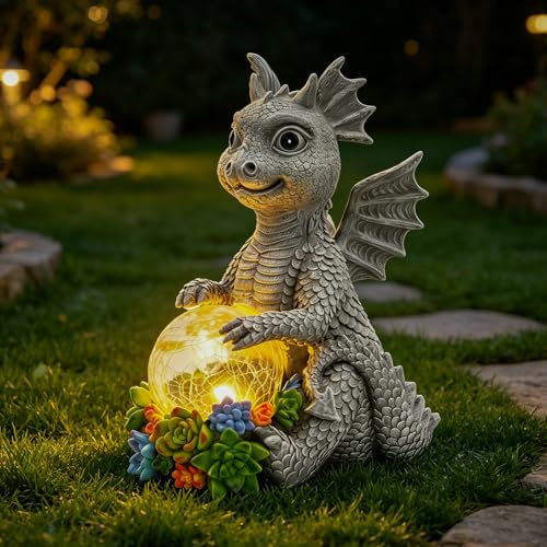 Ovewios Statue de dragon de jardin, décoration extérieure, grande figurine de dragon avec globe solaire craquelé en résine pour intérieur, maison, extérieur, terrasse, pelouse, cadeau