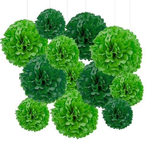 GAKA Green and Light Green Tissue Paper Pom Poms,Hanging Flower Ball Decoration 10 inch and 12 inch,12 Piece Set for St. Patrick's Day Jungle Party Decorations