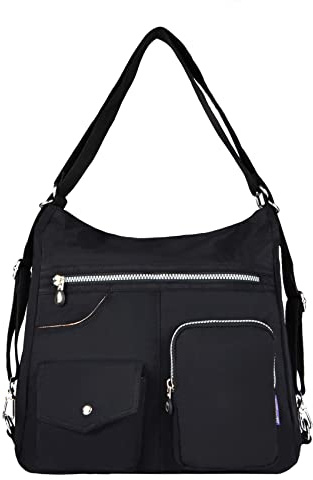 NOTAG Damen Nylon Schultertasche, Große Kapazität Reise Multipocket Shopper Umhängetasche Leicht Rucksack (Schwarz)