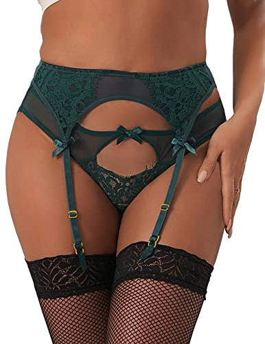 lau-fashion Strumpebandshållare bälte underkläder grön spets underkläder höfthållare straps trosor S/XL, svart, L/XL