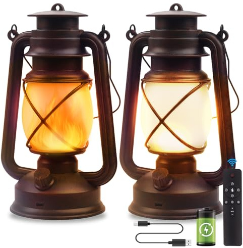 Lantern LED Battery Powered Camping Lamp Outdoor Hanging Rechargeable Lantern Flickering Flame Retro Lanterns Remote Control 4 Modes Light Non-Solar 2 Pack