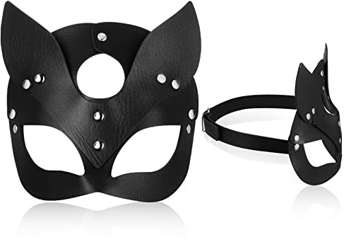 Chalyna Katzenmaske Damen Halloween Cat Kostüm Zubehör Schwarze PU Ledermaske Augenmaske Katzen Cosplay Zubehör Frauen Halbes Gesicht Maske für Karneval Valentinstag Fasching Maskerade Tier Party