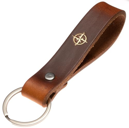 ELBERCRAFT® nyckelring läder nyckelarrangör för din nyckelväska nyckelring tillverkad i Tyskland brun gravyr guld svart, kompass, 12 cm