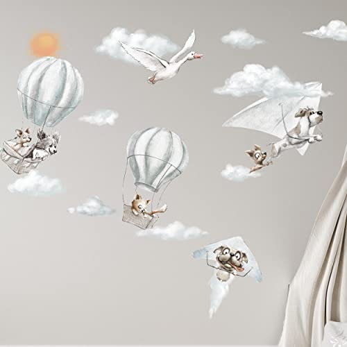 WANDKIND Fliegende Tiere Wandtattoo Kinderzimmer V374 | handgezeichnet | AUFKLEBER Kindergarten | Babyzimmer Wandsticker Hund im Heißluftballon Katze Ballon Schwan (40 x 40 cm)