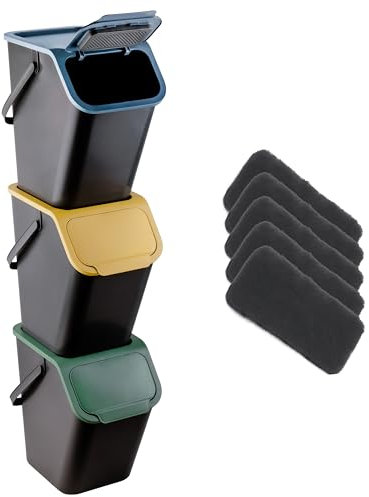 Go Practic Küchen Mülleimer mit Kohlefilter Set 3 Stück 25L mit Deckel, Mülltrennsystem, Abfallbehälter zur Trennung, Click-Funktion, Robuster, Kunststoff, Recycling Müllbehälter