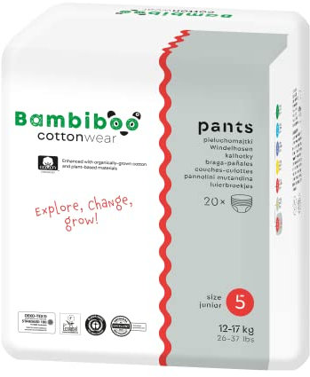 Bambiboo Baby Windeln Pants Größe 5 (ab 12 kg) COTTONWEAR Panty Höschen mit Bio-Baumwolle und Pflanzenstoffen mit Feuchtigkeitsindikator atmungsaktiv - 20 stk.
