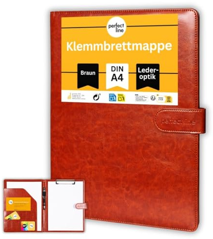 perfect line - Carpeta Portadocumentos Portapapeles DIN A4 con cierre magnético - De piel sintética resistente en elegante aspecto de piel - Carpeta de negocios premium en elegante color marrón