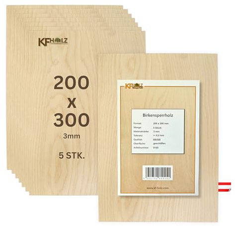 KF-Holz Lot de 5 feuilles de contreplaqué de bouleau, panneaux de contreplaqué, planche de contreplaqué (20 x 30 cm, 3 mm) de haute qualité pour travaux de bricolage, coupes en bois, modélisme