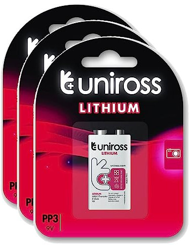 Uniross Pack de 3 Piles Lithium 9V-Block L522 24-LF, IEC-FR03