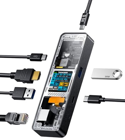DOCKCASE Explorer Edition USB C Smart Hub 6 en 1, 1 puerto Gigabit Ethernet, adaptador multipuerto HDMI 4 K a 60 Hz, PD 3.0 100 W, 2 USB-A 3.2, 1 puerto USB-C, base USB C para MacBook Pro/Air, Dell
