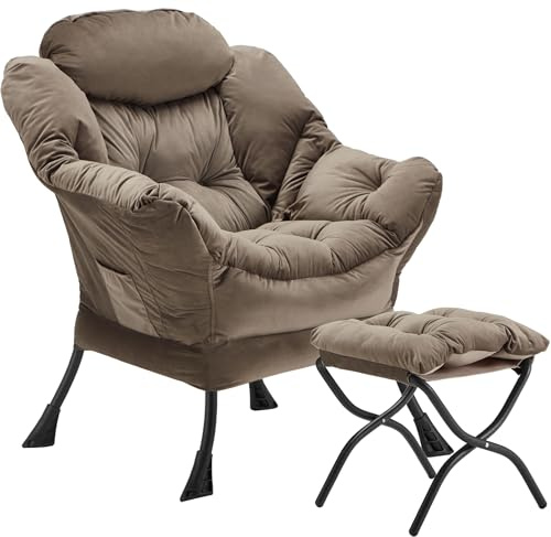 Youtanic Lazy Chair with Folding Ottoman, Accent Chair Velvet Upholstered with Metal Structure and Non-Slip Pads, Sofa Armchair with Footrest and Side Storage Bag for Dorm, Room, Office, Dark Gray