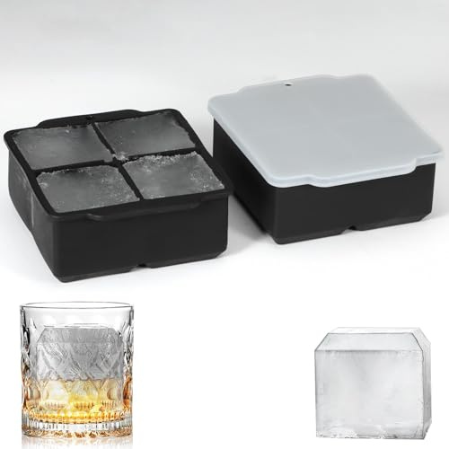 Silicone Ice Cube Trays 2 Pack - Large Size Silicone Ice Cube Molds with Leak Proof Removable Lid Square Ice Cube Tray And BPA Free for Cocktail,Whiskey, Stackable Flexible Ice (2, black)