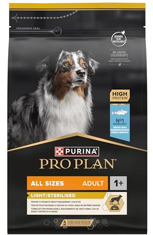 Purina Pro Plan | lätt/steriliserad | vuxna hundar | alla storlekar | torrfoder rik på proteiner | med vitfisk | främjar vikthantering | påse | 3 kg