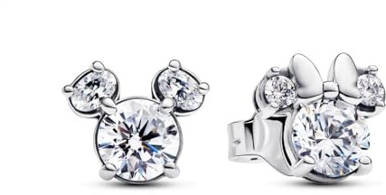 PANDORA Disney Orecchini a bottone con sagoma di Topolino e Minnie in argento Sterling con zirconi cubici trasparenti