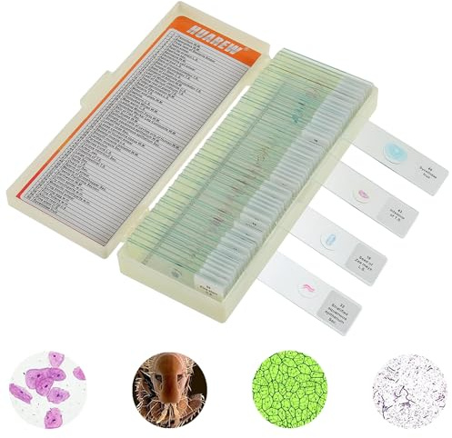 HUAREW 60 Pcs Mikroskop Objektträger mit Biologischen Proben, Pflanzen Insekten Menschliche Zelle für Labor Biologie und Wissenschaft Studium, Mikroskop Zubehör, Dauerpräparate für Mikroskop.