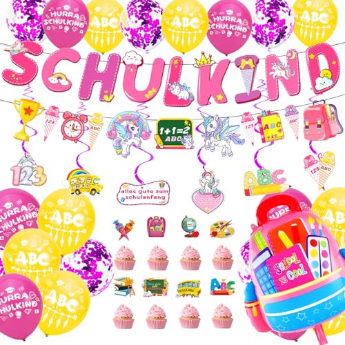Cheloveer Deko Einschulung Mädchen 2025, Deko Schulanfang Mädchen Schultüte Füllung Schulkind Girlande Luftballon Einschulung Schuleinführung