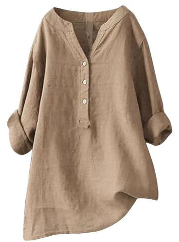 flintronic Chemise Lin Femme, Col en V Bouton Manches Longues Tops, Chemisier Femme Chic et élégant, Couleur Unie Chemisier Coton Et Lin, Tunique Grande Taille Pas Cher Top