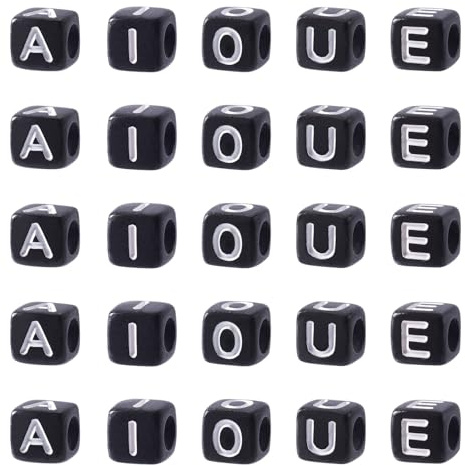 Crafans 500 Stück Buchstabenperlen A-E-I-O-U, Initiale horizontales Loch, Acrylperlen, großes Loch, Abstandshalter, Freundschaftsarmband, Perlen, Großpackung für DIY-Schmuckherstellung, Schwarz