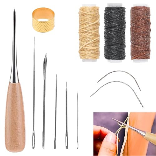 Kit de Artesanía en Cuero - 12 Piezas con Agujas para Coser a Mano, Herramientas y Hilo Encerado