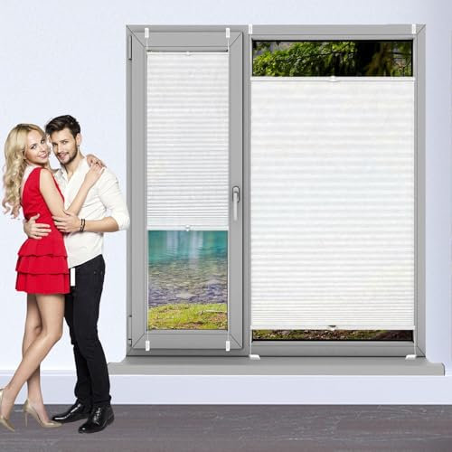 Plisseerollo Faltrollo Plissee Ohne Bohren 96 x 140 cm, Sonnenschutz Easyfix Lichtdurchlässig, Jalousie Faltrollo Fensterrollo Rollo, Jalousie Easyfix Faltrollo, für Fenster & Tür, Weiß