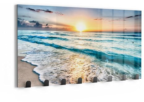 DEQORI Wandgarderobe Glas & Metall | Motiv Küste im Morgenlicht | 60x30 cm | Design Haken-Leiste modern | Garderoben-Paneel für Flur, Wohnzimmer & Schlafzimmer | magnetisch & beschreibbar