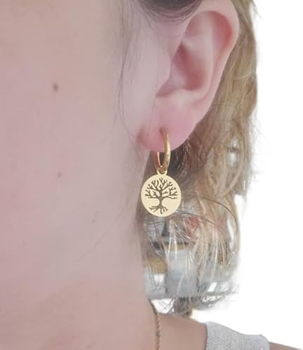 Boucles d'oreilles arbre de vie anneaux créoles acier inoxydable fait main cadeau anniversaire, noel, fête des mères