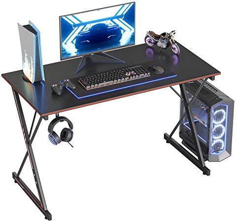CubiCubi Gaming Tisch 100 x 50 cm, Gaming Schreibtisch, PC Tisch mit Kopfhörerhaken und Kohlefaserbeschichtung, Ergonomischer Computertisch, Metallgestell, Kohlefaser Schwarz