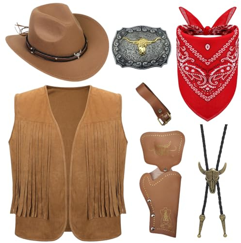 7 stycken cowboy fancy klänning tillbehör set för män, västerländsk cowboy kostym med hatt tofsväst paisley bandana västerländsk bolospänne bälte hölster för karneval fancing cosplay