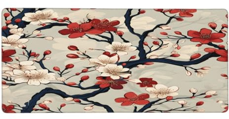 Mexpekil Grand tapis de souris de gaming antidérapant et imperméable Motif fleurs de cerisier du Japon Rouge/blanc 90 x 40 cm