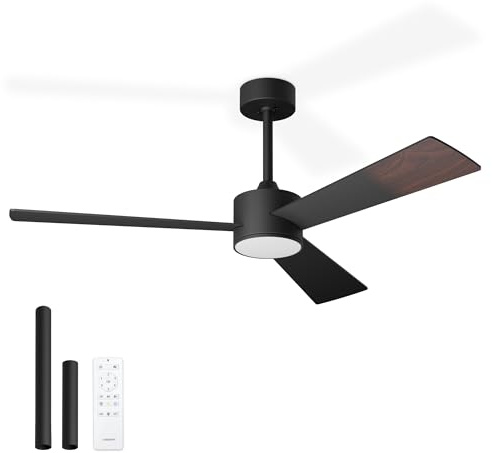 Noaton® Lepus noir/bois foncé Ventilateur de plafond avec lumière, télécommande, 3 pales, silencieux, Ø132 cm, mode hiver-été, moteur DC, 6 vitesses, minuterie, LED dimmable, double hauteur